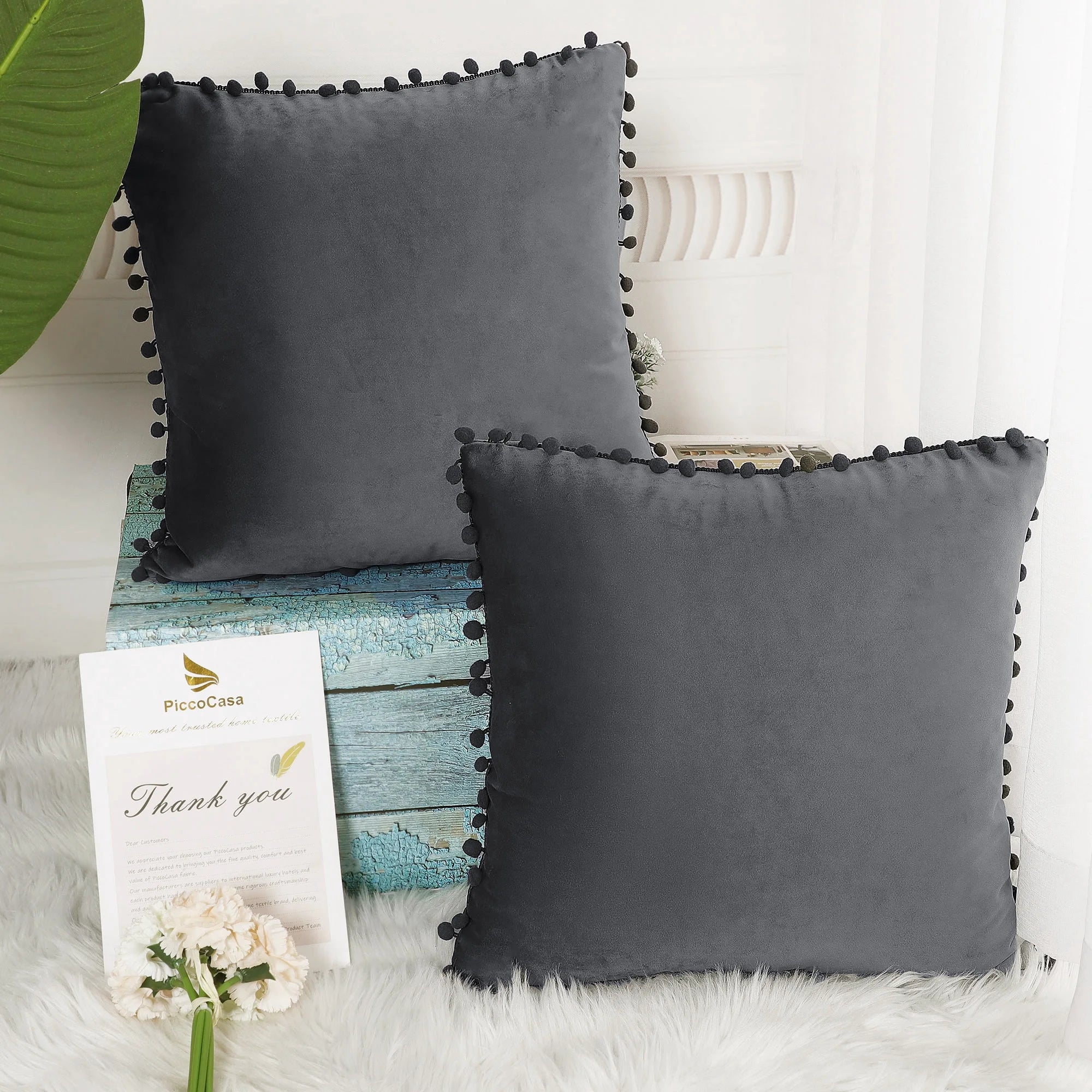 Velvet Pillow Cover with Pompoms for Sofa 2PCS Dark Gray 20X20Inch