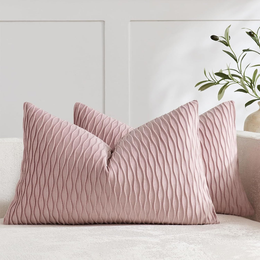 12X20 Pink Throw Pillow Covers: Pack of 2 Vertical Ripple Striped Velvet Rectangular Decorative Pillow Cases for Farmhouse Couch Sofa Bed Living Room Home Decor
