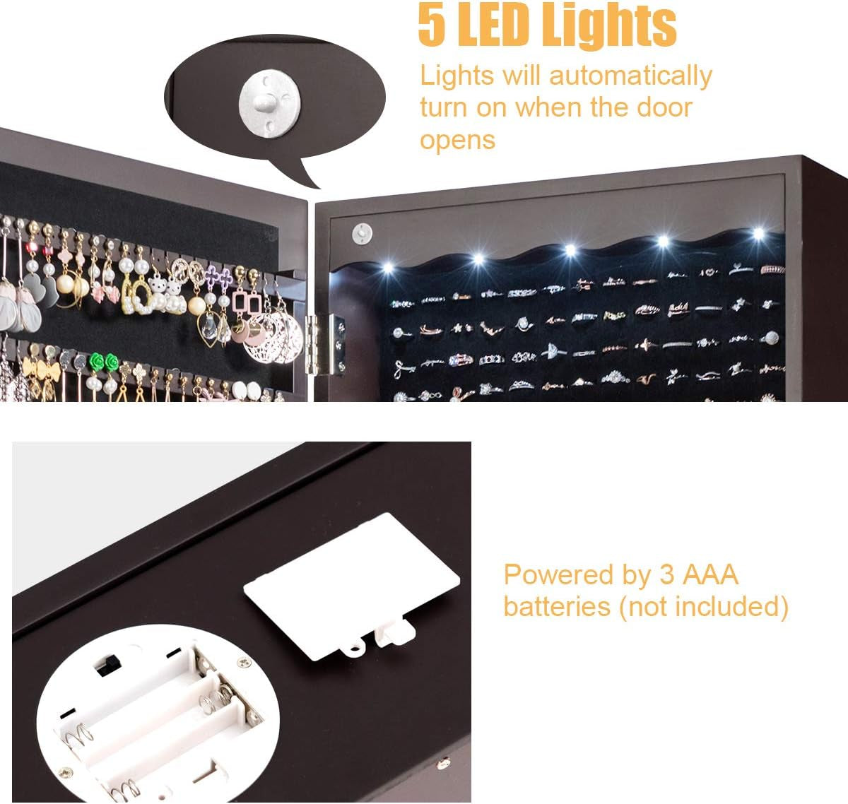 Jewelry Cabinet Armoire, Wall Mount Door Hanging, Lockable Jewelry Organizer with 47.5'' Full Length Mirror, 5 Lights, Large Jewelry Storage Box with 6 Acrylic Drawers (Brown)