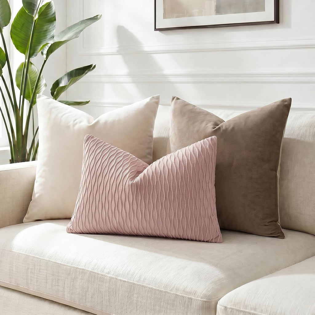12X20 Pink Throw Pillow Covers: Pack of 2 Vertical Ripple Striped Velvet Rectangular Decorative Pillow Cases for Farmhouse Couch Sofa Bed Living Room Home Decor