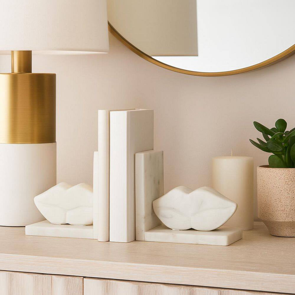 5 In. White Stone Novelty Lip-Shaped Sculptural Bookends (Set of 2)