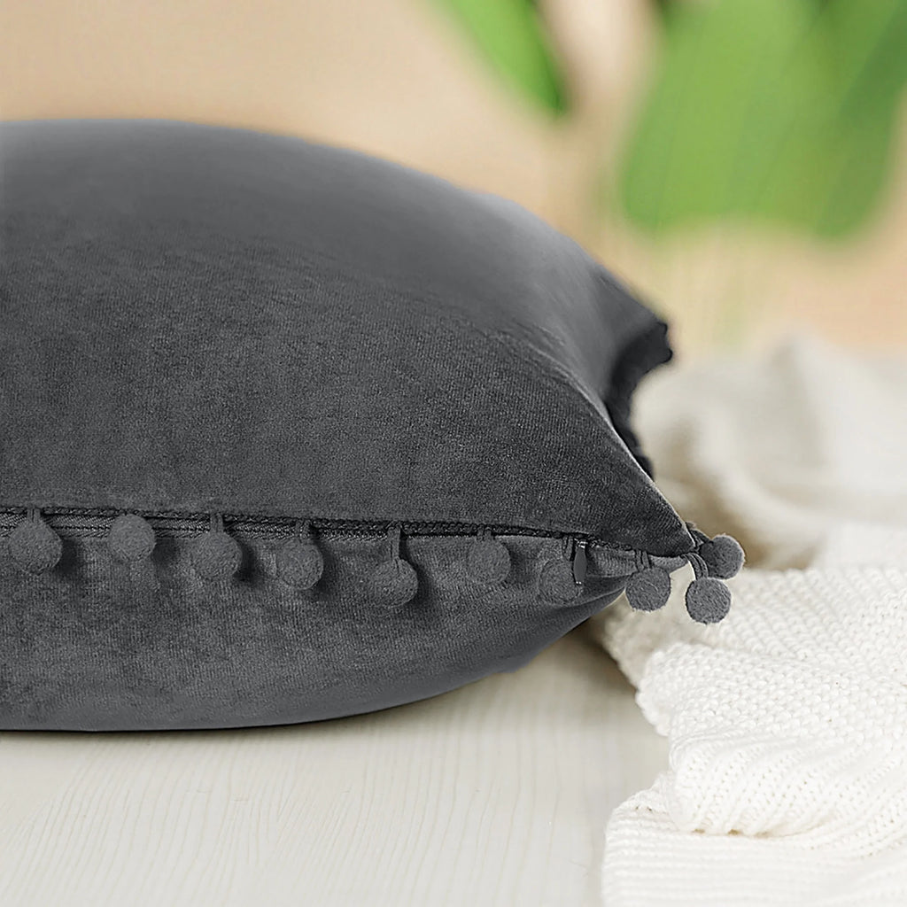 Velvet Pillow Cover with Pompoms for Sofa 2PCS Dark Gray 20X20Inch