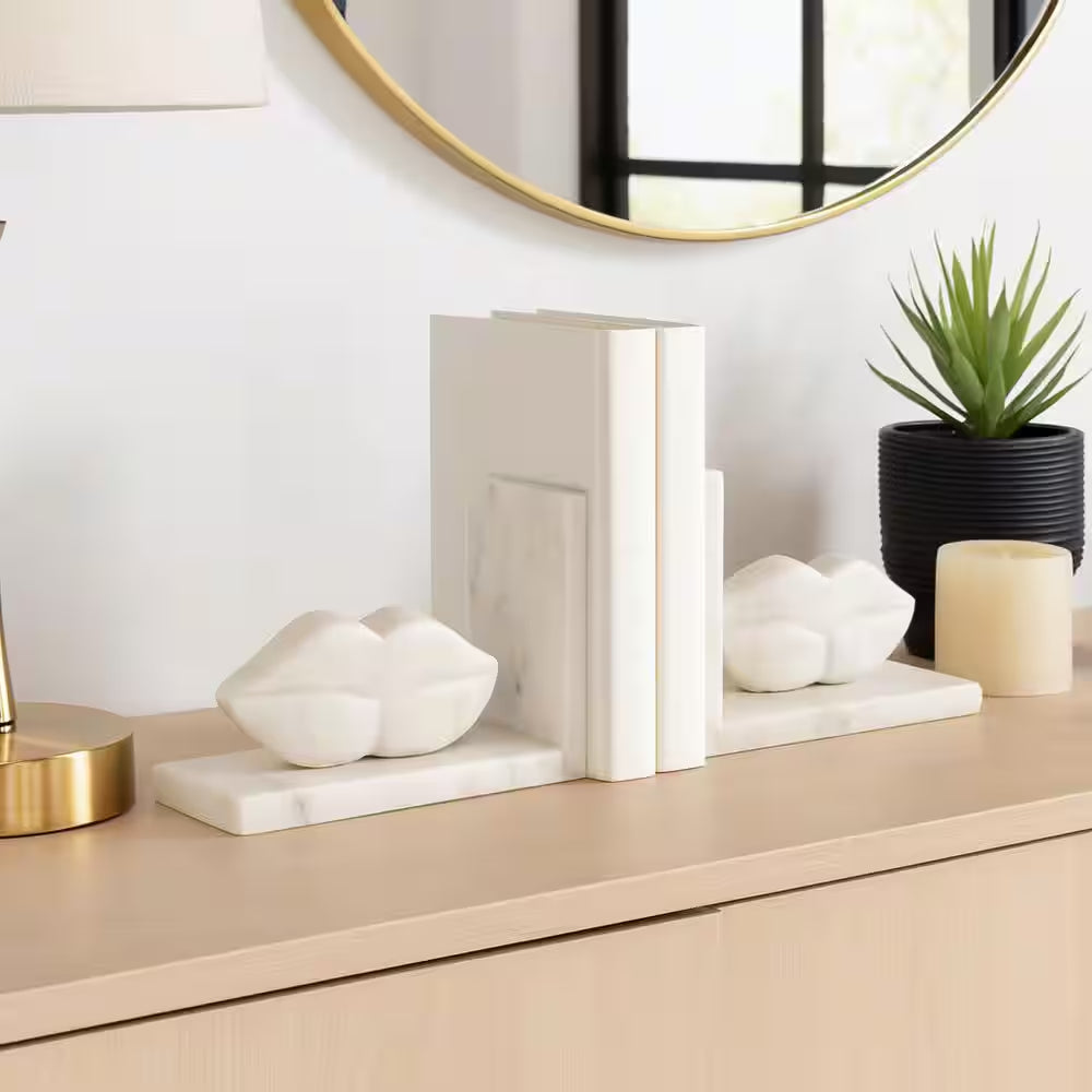 5 In. White Stone Novelty Lip-Shaped Sculptural Bookends (Set of 2)