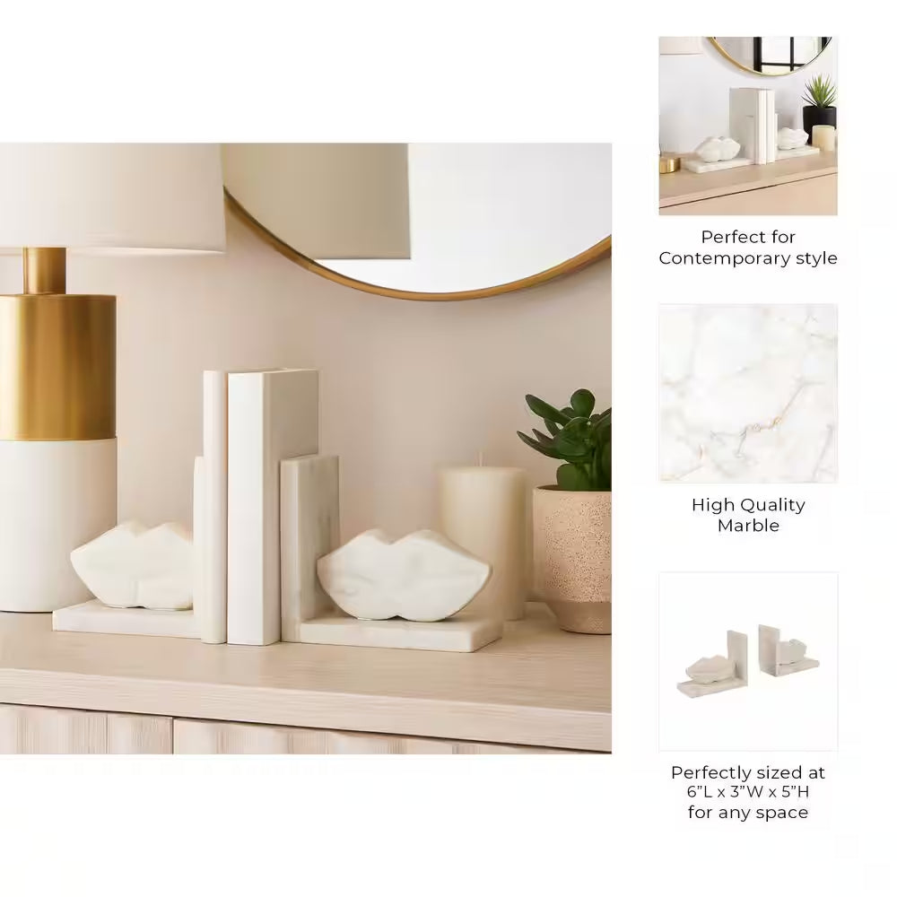 5 In. White Stone Novelty Lip-Shaped Sculptural Bookends (Set of 2)