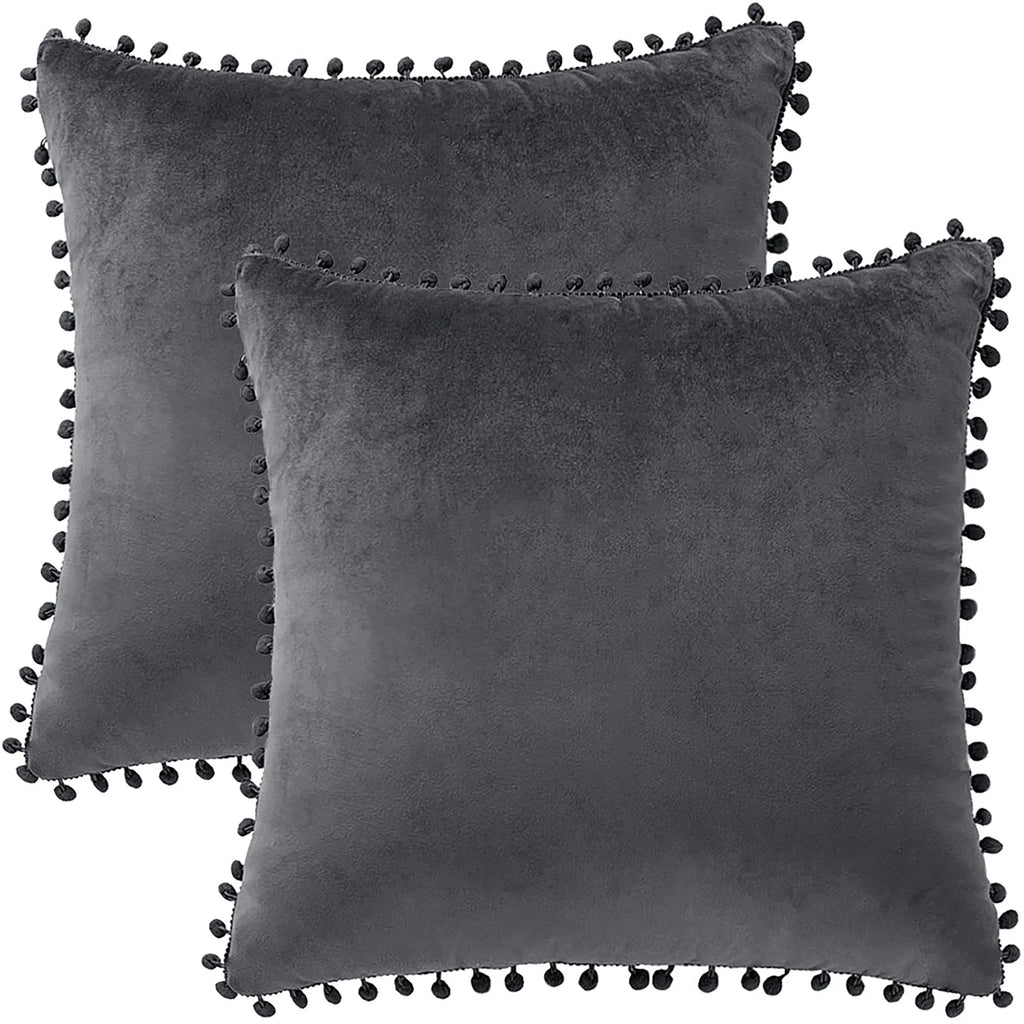 Velvet Pillow Cover with Pompoms for Sofa 2PCS Dark Gray 20X20Inch