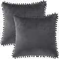 Velvet Pillow Cover with Pompoms for Sofa 2PCS Dark Gray 20X20Inch