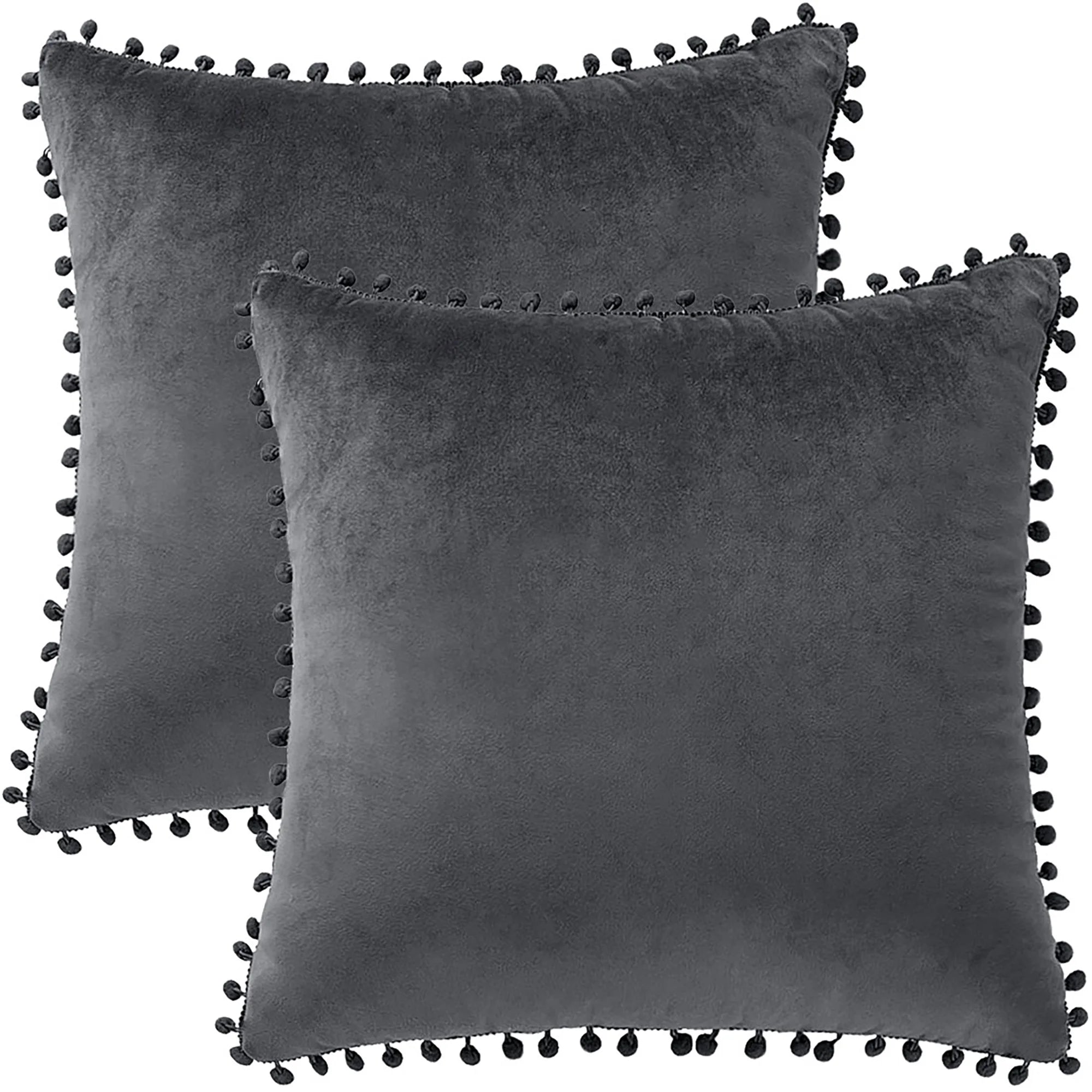 Velvet Pillow Cover with Pompoms for Sofa 2PCS Dark Gray 20X20Inch