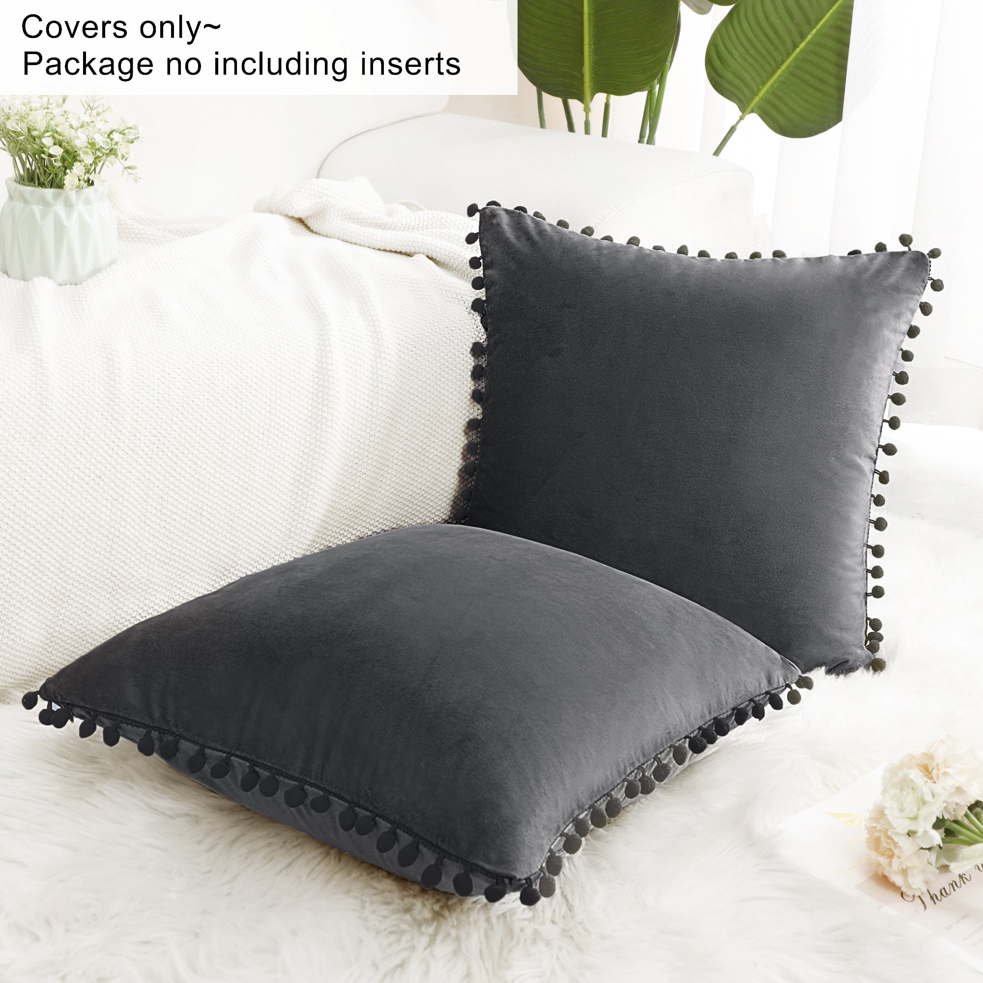 Velvet Pillow Cover with Pompoms for Sofa 2PCS Dark Gray 20X20Inch