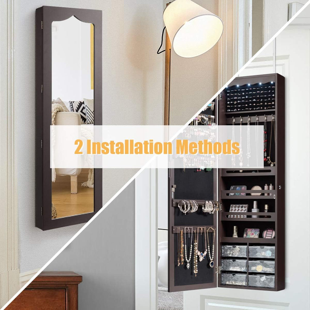 Jewelry Cabinet Armoire, Wall Mount Door Hanging, Lockable Jewelry Organizer with 47.5'' Full Length Mirror, 5 Lights, Large Jewelry Storage Box with 6 Acrylic Drawers (Brown)