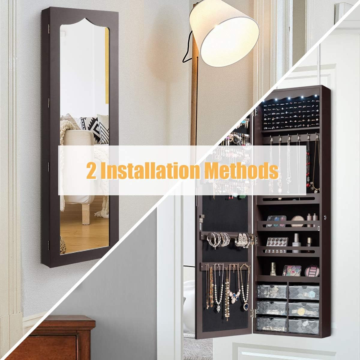 Jewelry Cabinet Armoire, Wall Mount Door Hanging, Lockable Jewelry Organizer with 47.5'' Full Length Mirror, 5 Lights, Large Jewelry Storage Box with 6 Acrylic Drawers (Brown)