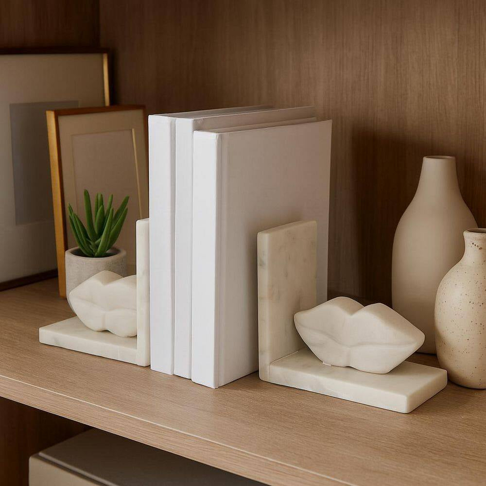 5 In. White Stone Novelty Lip-Shaped Sculptural Bookends (Set of 2)