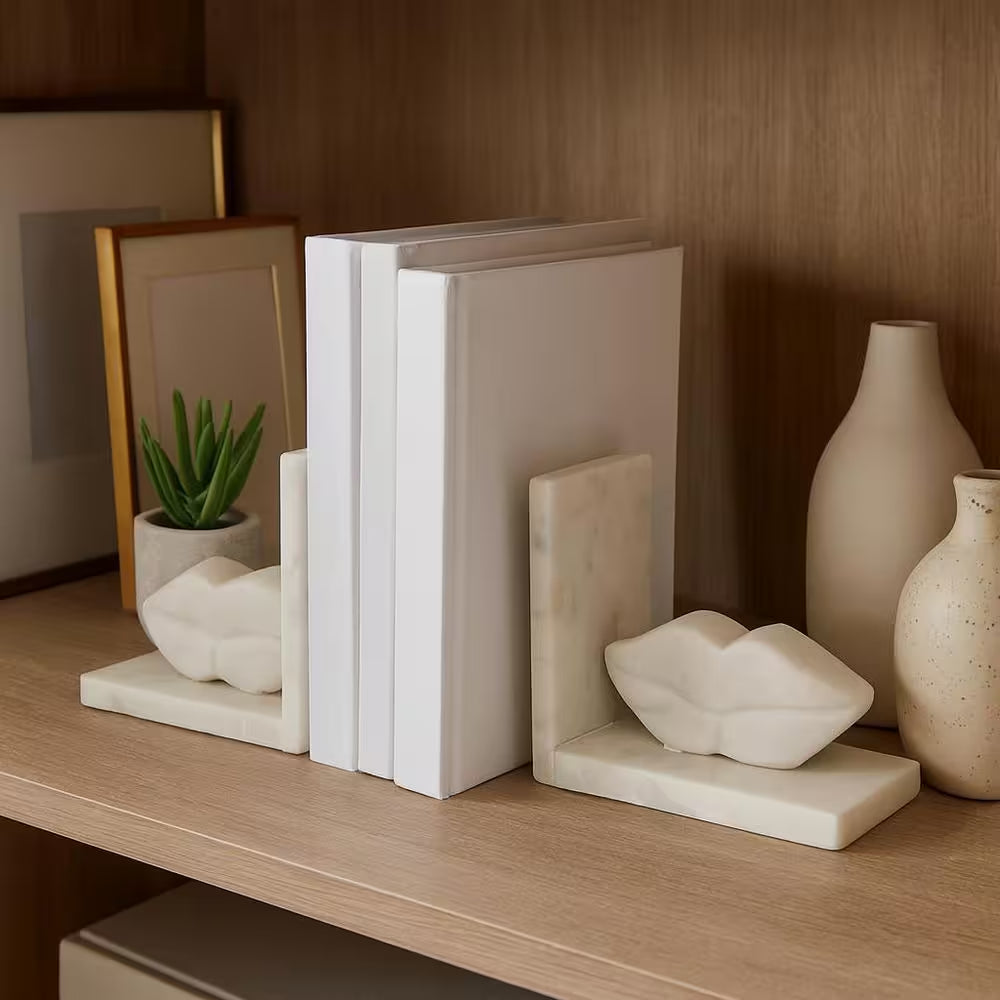5 In. White Stone Novelty Lip-Shaped Sculptural Bookends (Set of 2)