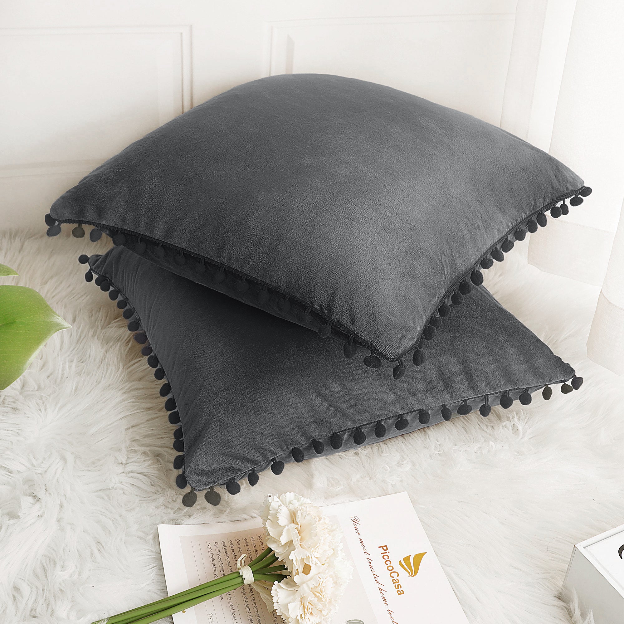 Velvet Pillow Cover with Pompoms for Sofa 2PCS Dark Gray 20X20Inch