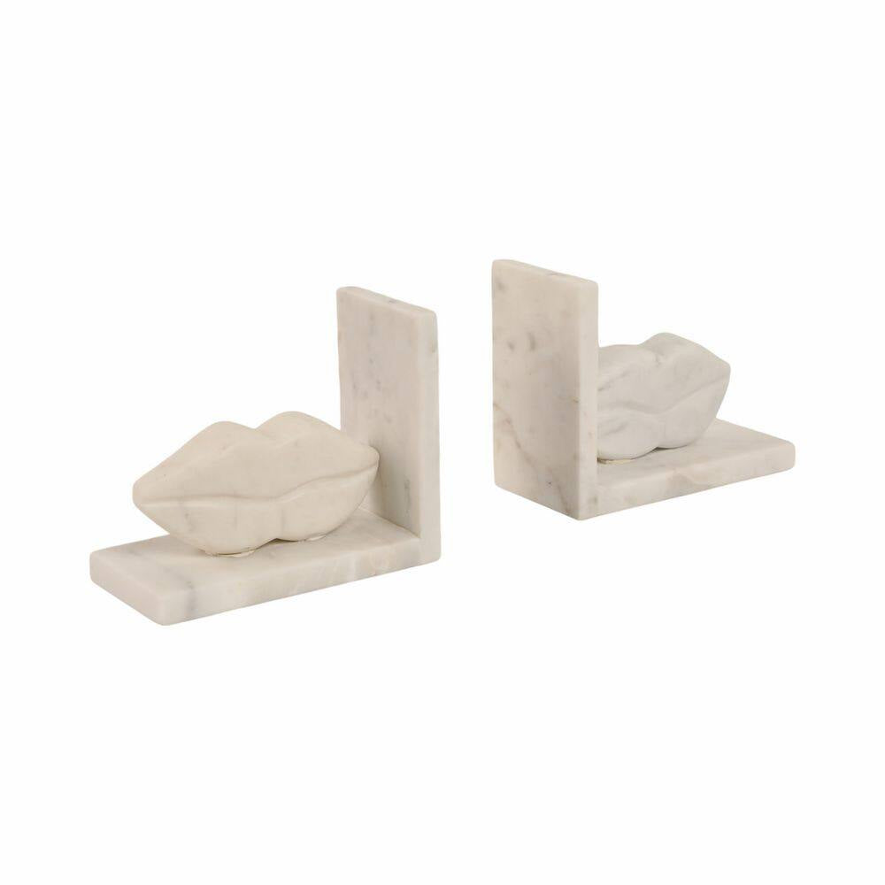 5 In. White Stone Novelty Lip-Shaped Sculptural Bookends (Set of 2)