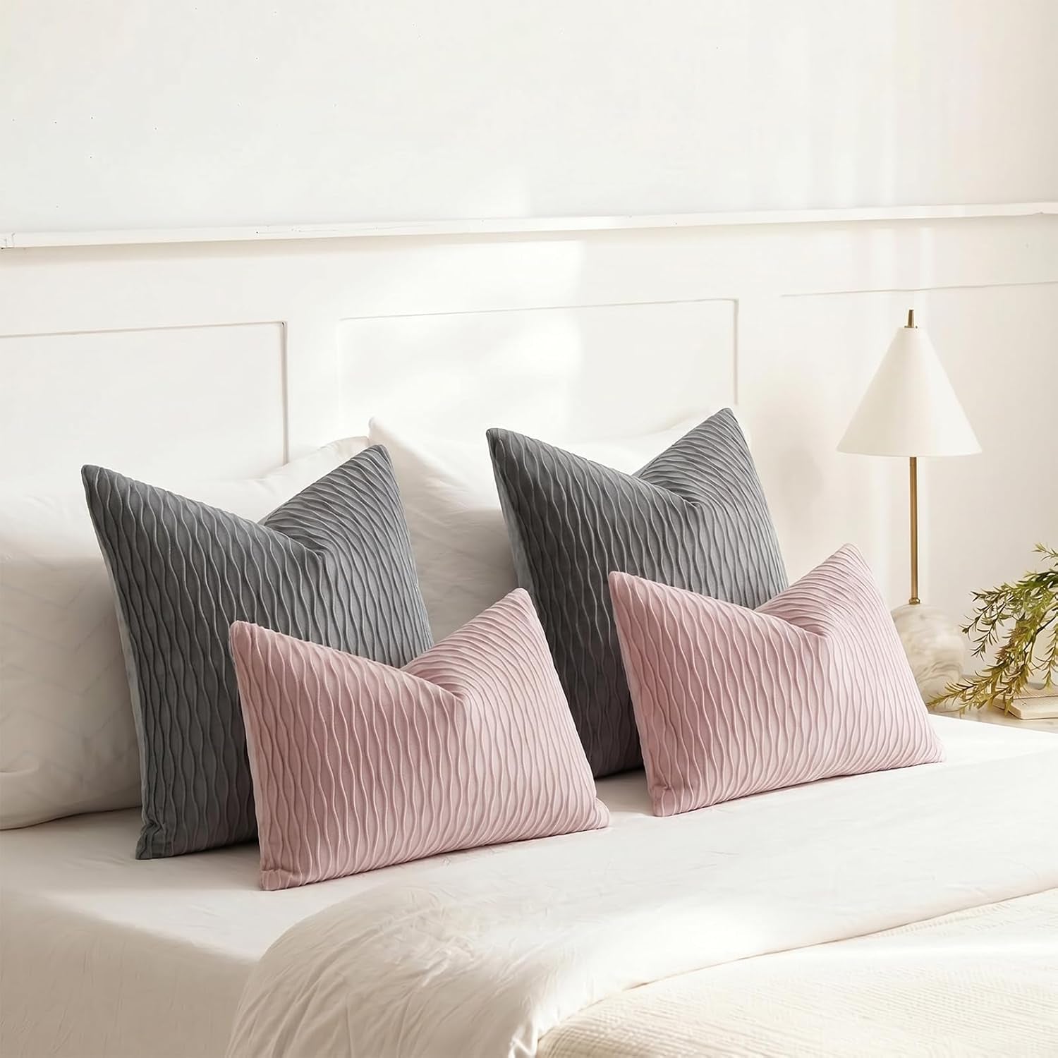 12X20 Pink Throw Pillow Covers: Pack of 2 Vertical Ripple Striped Velvet Rectangular Decorative Pillow Cases for Farmhouse Couch Sofa Bed Living Room Home Decor