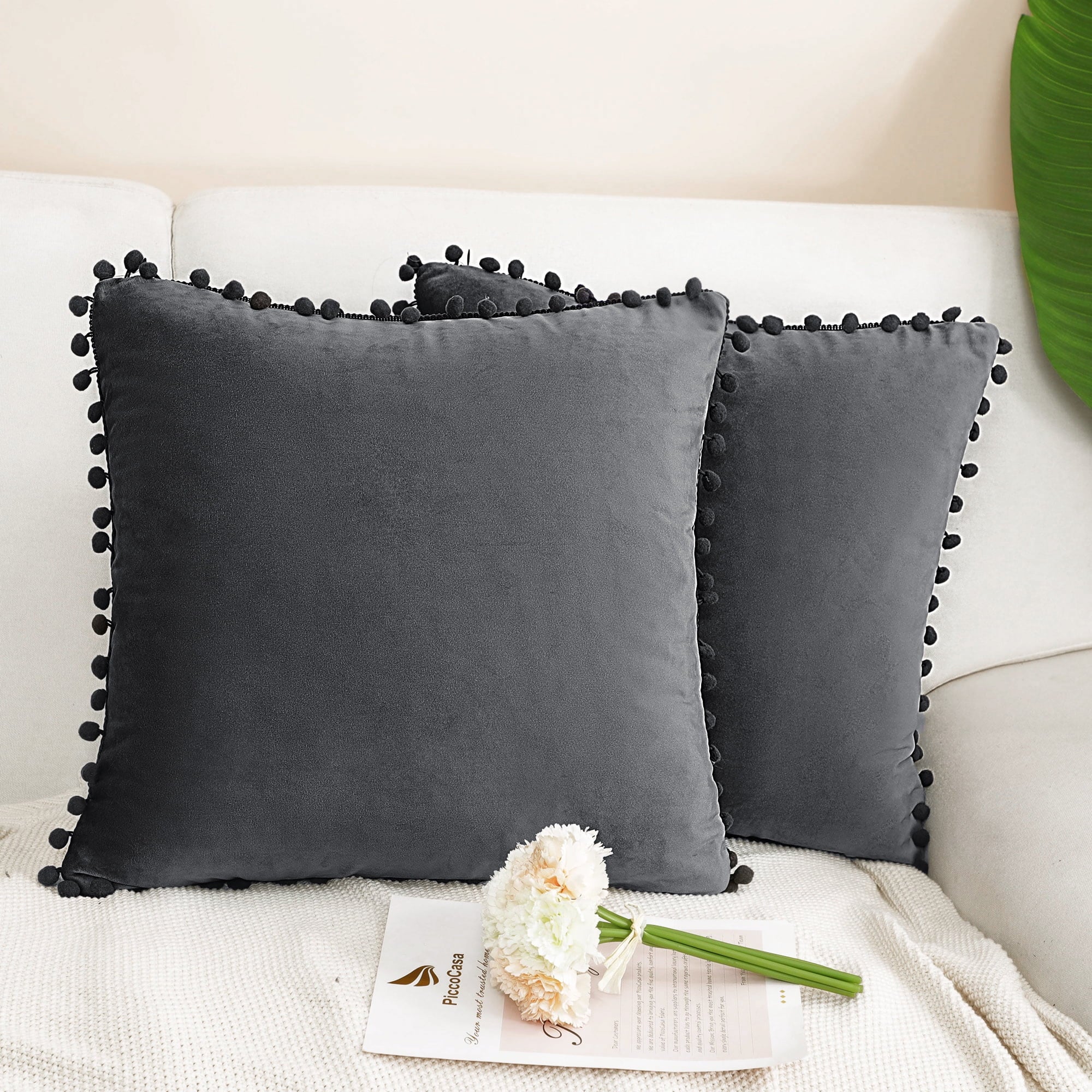 Velvet Pillow Cover with Pompoms for Sofa 2PCS Dark Gray 20X20Inch