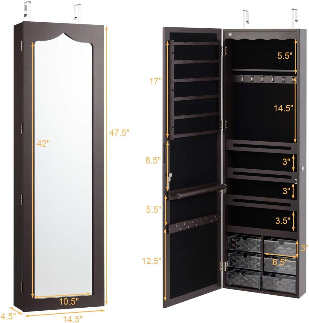 Jewelry Cabinet Armoire, Wall Mount Door Hanging, Lockable Jewelry Organizer with 47.5'' Full Length Mirror, 5 Lights, Large Jewelry Storage Box with 6 Acrylic Drawers (Brown)
